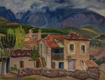 Mount Parnassus Daulia, Farmhouse with Mountain Background — Oil painting, Canvas, 50.00×65.00cm — Theodoros Markellos